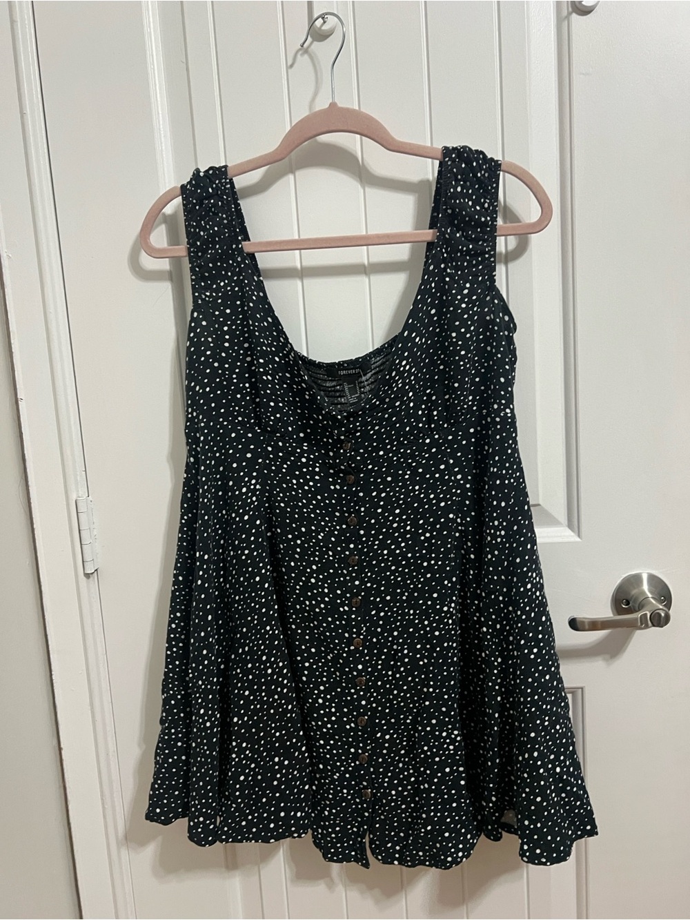 Women's Black Polka Dot Mini Dress with Button Front